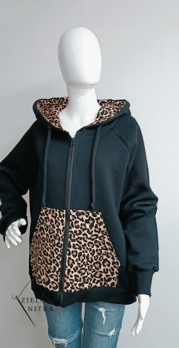 Bluza damska na zamek MEGI czarna z panterką ( gruba, meszek)