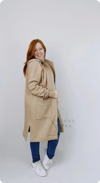 Płaszcz dzianinowy damski jasny karmel ( z meszkiem, ciepły)