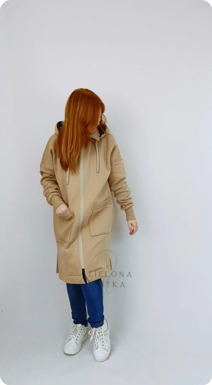 Płaszcz dzianinowy damski jasny karmel ( z meszkiem, ciepły)