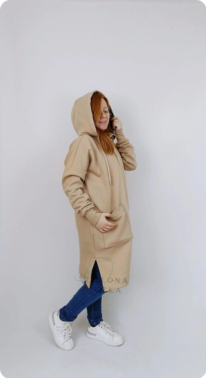 Płaszcz dzianinowy damski jasny karmel ( z meszkiem, ciepły)