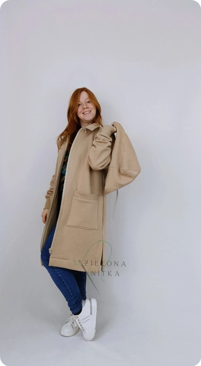 Płaszcz dzianinowy damski jasny karmel ( z meszkiem, ciepły)