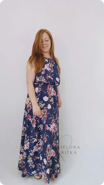 Letnia sukienka Summer na wąskich ramiączkach. Marszczenie z gumką, odcięcie w pasie, długa, zwiewna i lekka. Wygodna, 100% wiskoza.