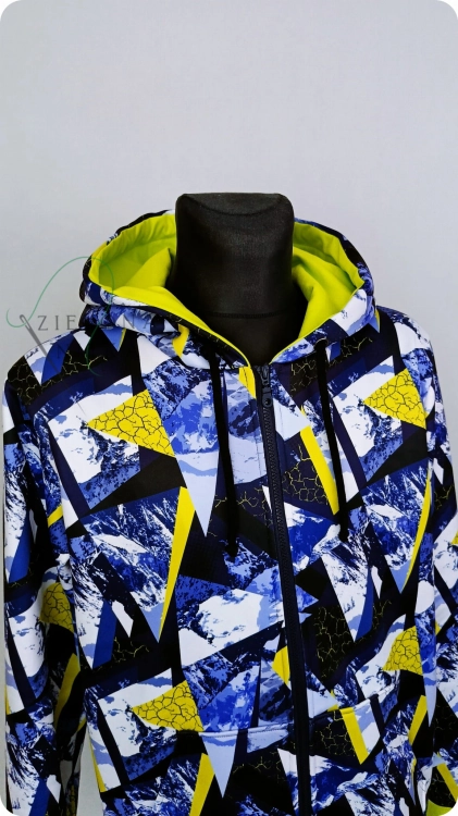 Bluza męska rozpinana GEOMETRIA z meszkiem, ocieplana i wodoodporna. Duży kaptur, kieszenie i zamek z przodu. Materiał: 50% bawełna, 50% poliester. Komfortowa i stylowa.