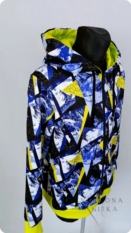 Bluza męska rozpinana GEOMETRIA z meszkiem, ocieplana i wodoodporna. Duży kaptur, kieszenie i zamek z przodu. Materiał: 50% bawełna, 50% poliester. Komfortowa i stylowa.