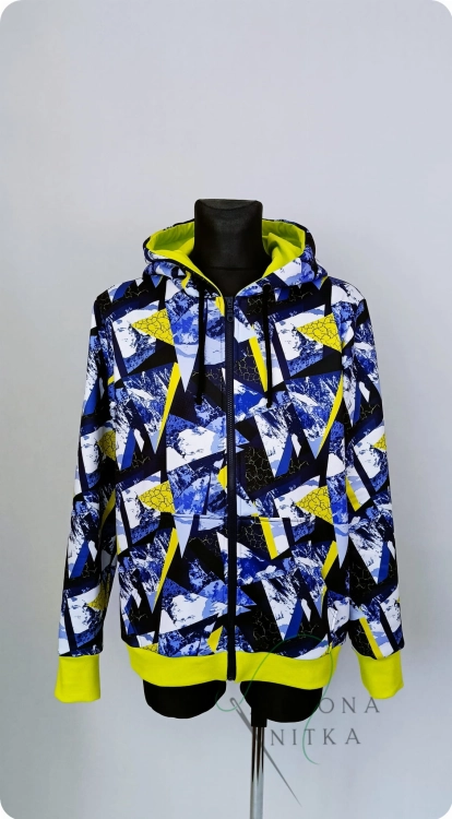 Bluza męska rozpinana GEOMETRIA z meszkiem, ocieplana i wodoodporna. Duży kaptur, kieszenie i zamek z przodu. Materiał: 50% bawełna, 50% poliester. Komfortowa i stylowa.