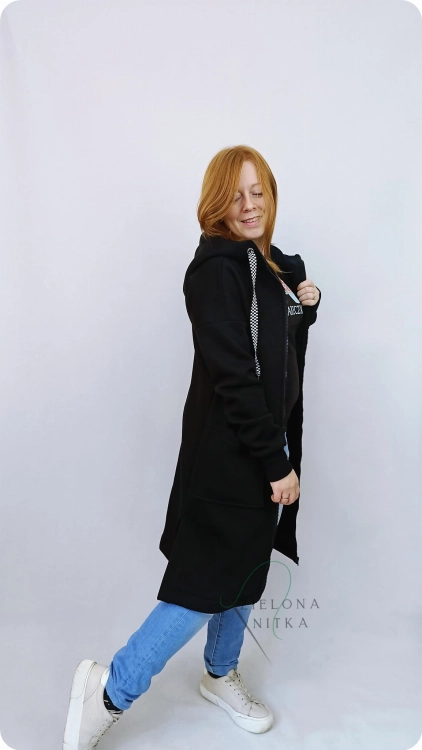 Płaszcz dzianinowy CZARNY damski ROKA z meszkiem, ciepły)