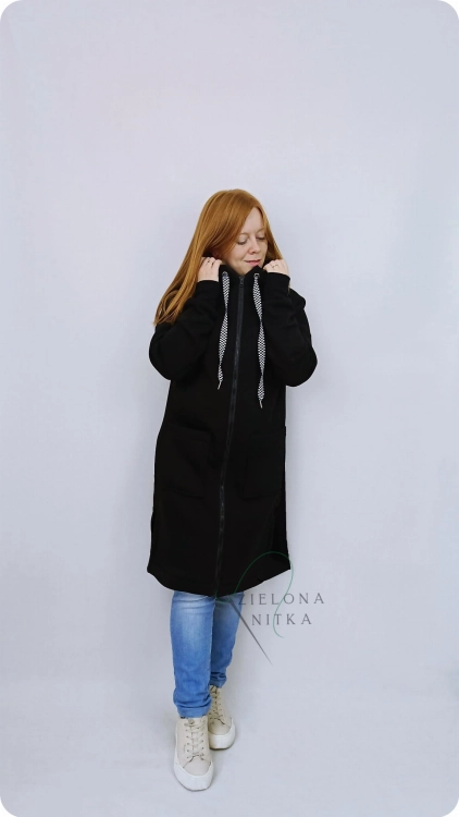 Płaszcz dzianinowy CZARNY damski ROKA z meszkiem, ciepły)