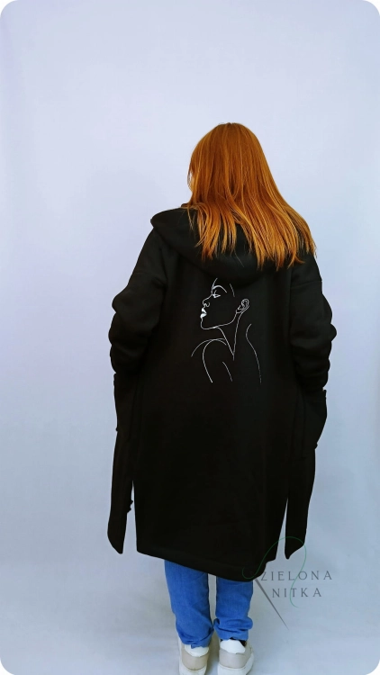 Płaszcz dzianinowy CZARNY damski ROKA z meszkiem, ciepły)