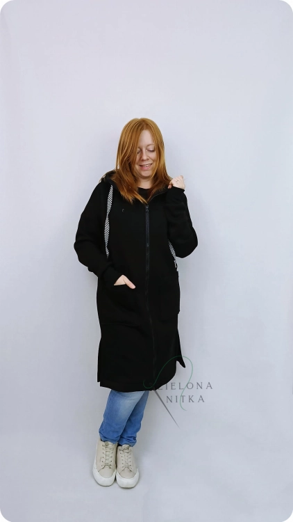 Płaszcz dzianinowy CZARNY damski ROKA z meszkiem, ciepły)