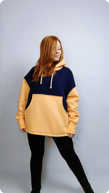 Bluza Damska z kapturem MIX KOLORÓW granatowo pomarańczowa Z MESZKIEM
