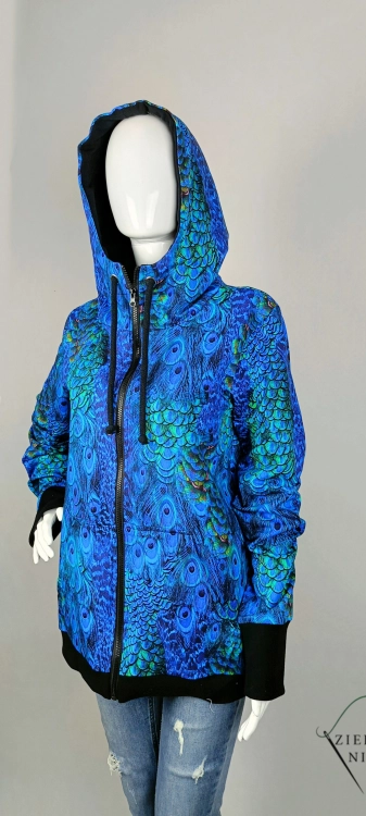 Bluza damska na zamek z kapturem PAWIE PIÓRA kolor czarny